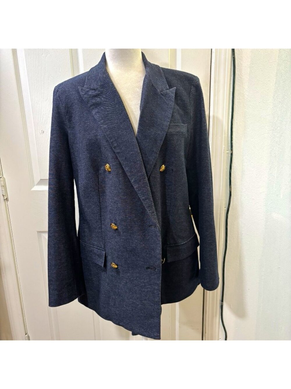 Lauren Ralph Lauren denim look Double Breasted  Blazer Blue Gold Buttons size 16